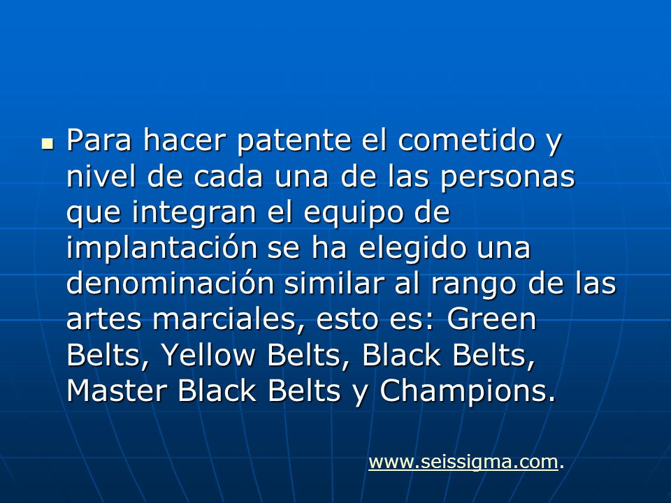 Para hacer patente el cometido y nivel de cada una de las personas que integran el equipo de implantación se ha elegido una denominación similar al rango de las artes marciales, esto es: Green Belts, Yellow Belts, Black Belts, Master Black Belts y Champions.