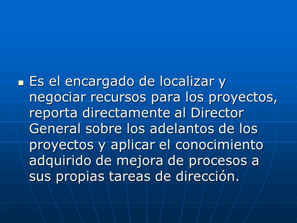 Es el encargado de localizar y negociar recursos para los proyectos, reporta directamente al Director General sobre los adelantos de los proyectos y aplicar el conocimiento adquirido de mejora de procesos a sus propias tareas de dirección.