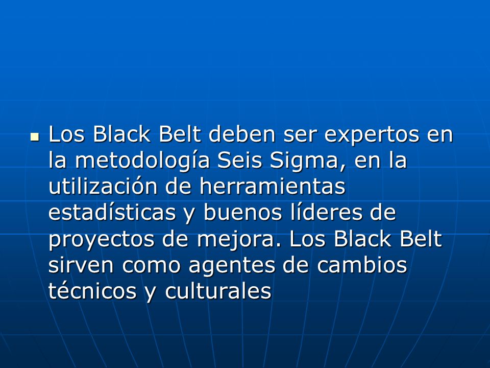 Los Black Belt deben ser expertos en la metodología Seis Sigma, en la utilización de herramientas estadísticas y buenos líderes de proyectos de mejora.