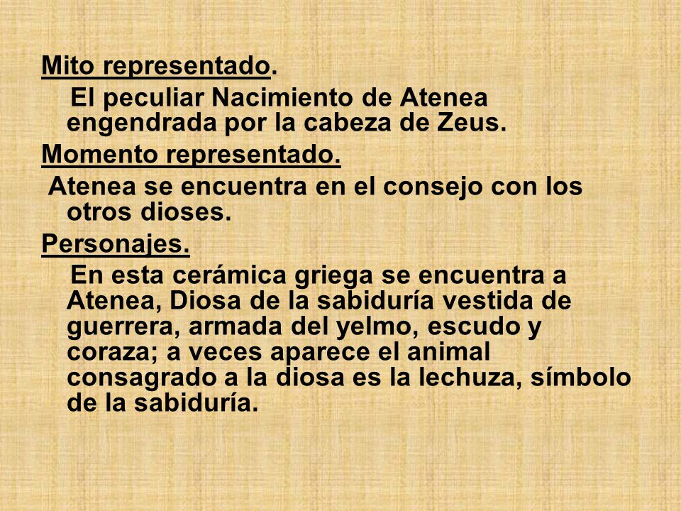 Mito representado. El peculiar Nacimiento de Atenea engendrada por la cabeza de Zeus. Momento representado.