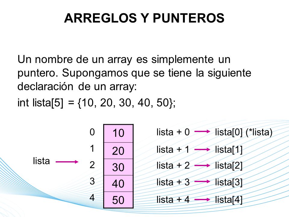 ARREGLOS Y PUNTEROS Un nombre de un array es simplemente un puntero. Supongamos que se tiene la siguiente declaración de un array: