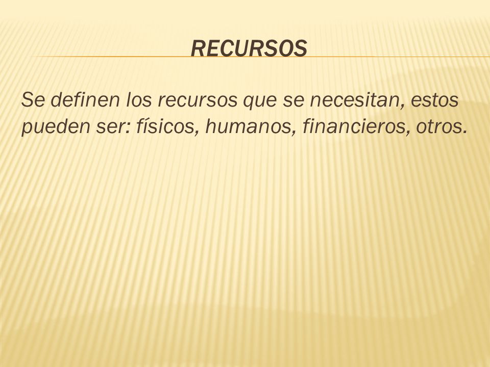 RECURSOS Se definen los recursos que se necesitan, estos pueden ser: físicos, humanos, financieros, otros.