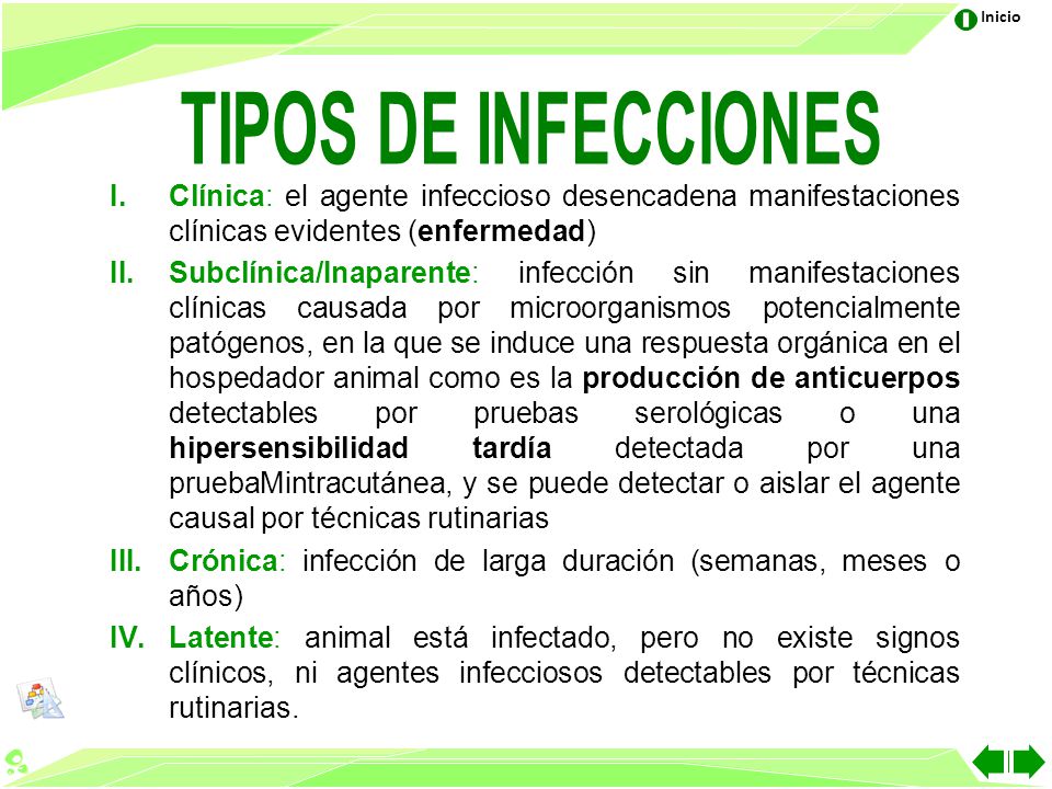 TIPOS DE INFECCIONES Clínica: el agente infeccioso desencadena manifestaciones clínicas evidentes (enfermedad)