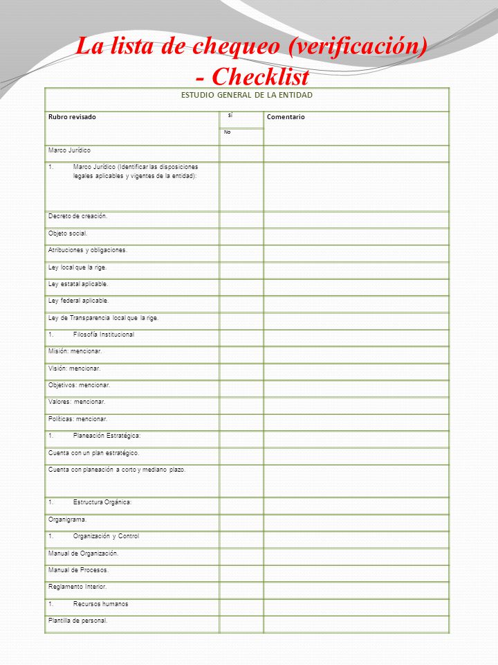 La lista de chequeo (verificación) - Checklist