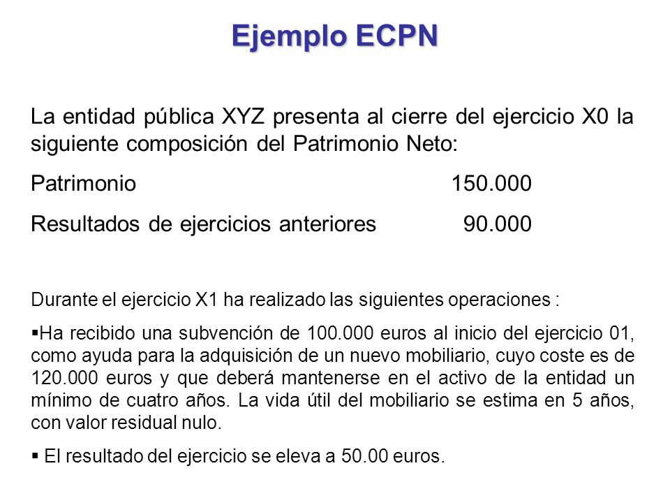 Ejemplo ECPN La entidad pública XYZ presenta al cierre del ejercicio X0 la siguiente composición del Patrimonio Neto: