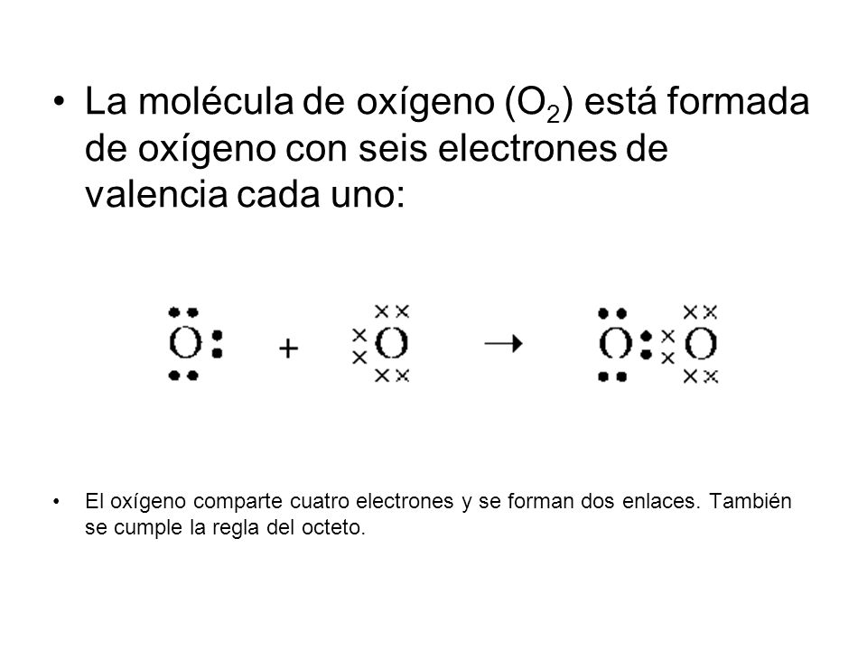 La molécula de oxígeno (O2) está formada de oxígeno con seis electrones de valencia cada uno: