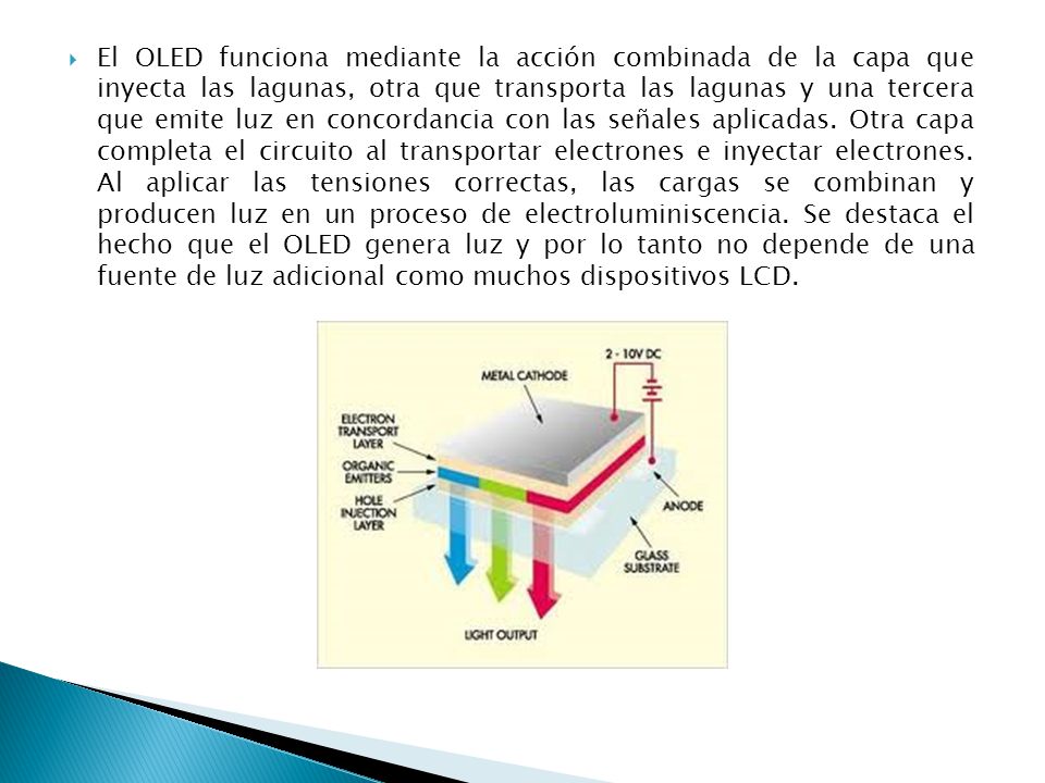 El OLED funciona mediante la acción combinada de la capa que inyecta las lagunas, otra que transporta las lagunas y una tercera que emite luz en concordancia con las señales aplicadas.