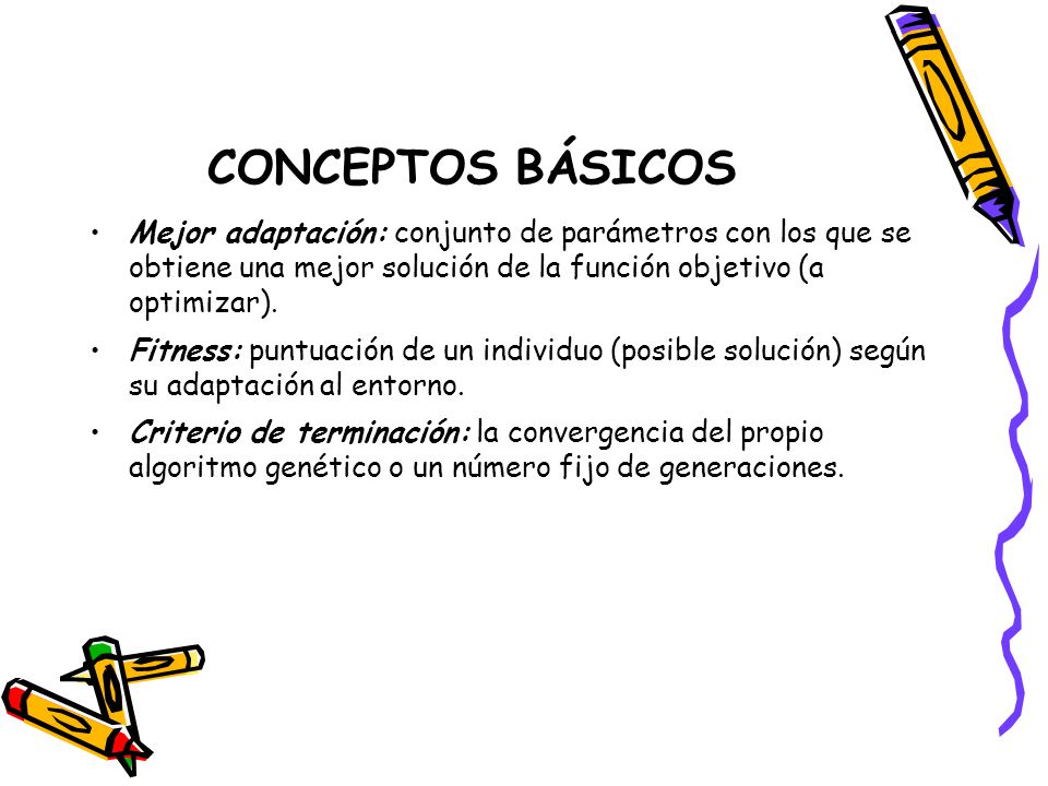 CONCEPTOS BÁSICOS Mejor adaptación: conjunto de parámetros con los que se obtiene una mejor solución de la función objetivo (a optimizar).