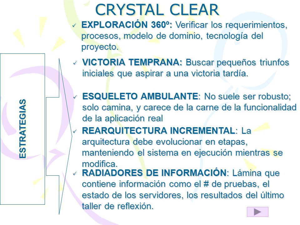 CRYSTAL CLEAR REARQUITECTURA INCREMENTAL: La arquitectura debe evolucionar en etapas, manteniendo el sistema en ejecución mientras se modifica.