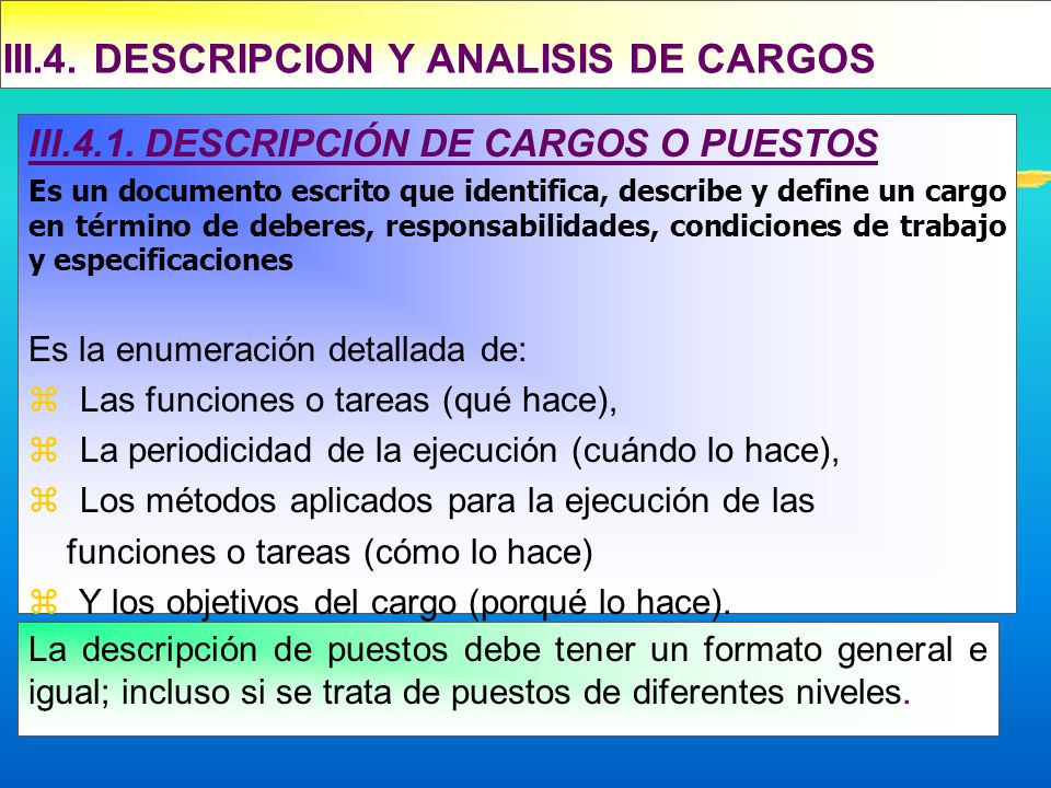 III.4. DESCRIPCION Y ANALISIS DE CARGOS