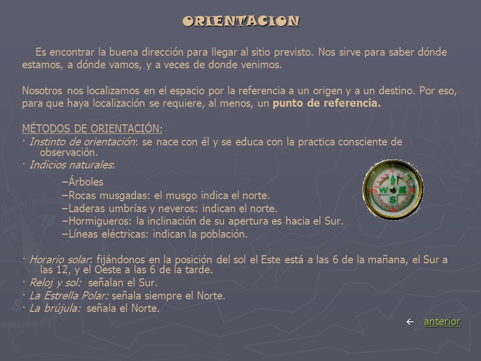 ORIENTACION Es encontrar la buena dirección para llegar al sitio previsto. Nos sirve para saber dónde.