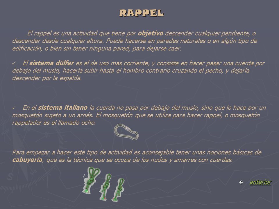 RAPPEL El rappel es una actividad que tiene por objetivo descender cualquier pendiente, o.
