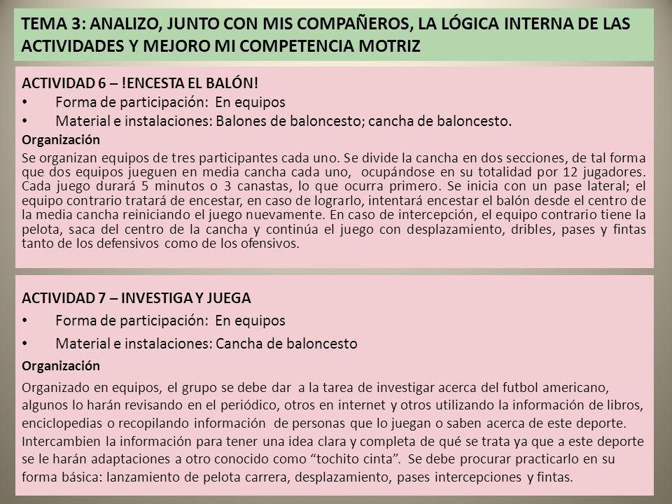 TEMA 3: ANALIZO, JUNTO CON MIS COMPAÑEROS, LA LÓGICA INTERNA DE LAS ACTIVIDADES Y MEJORO MI COMPETENCIA MOTRIZ