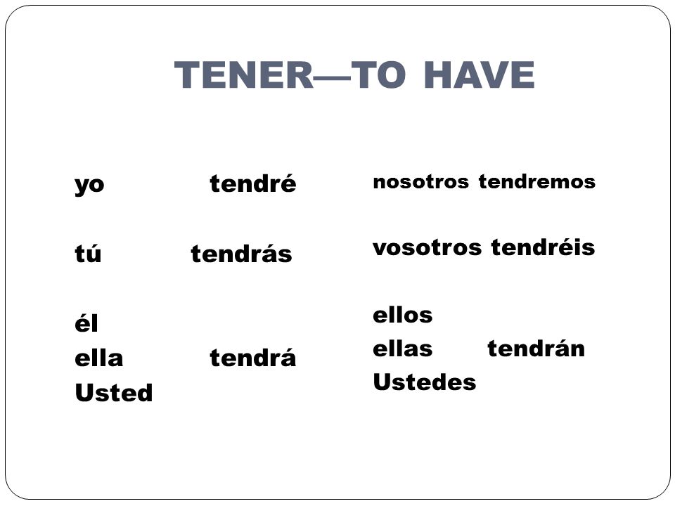 TENER—TO HAVE yo tendré tú tendrás él ella tendrá Usted