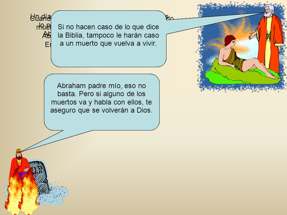 Un día el hombre pobre murió y los ángeles lo pusieron en el sitio de honor junto a Abraham. Murió también el rico y lo enterraron.