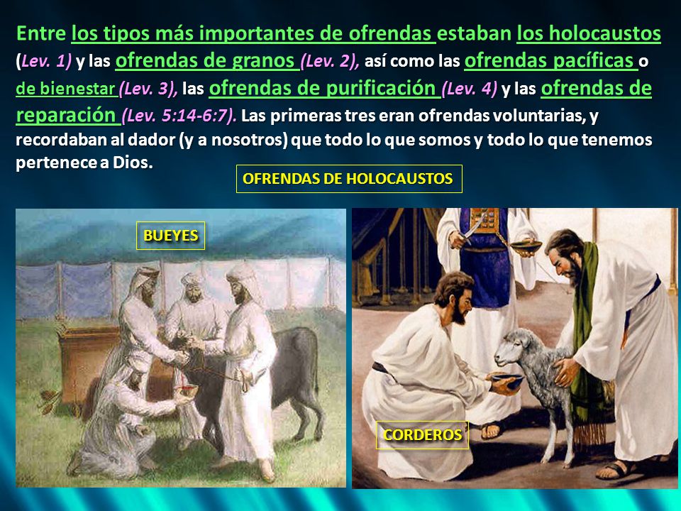 Entre los tipos más importantes de ofrendas estaban los holocaustos (Lev. 1) y las ofrendas de granos (Lev. 2), así como las ofrendas pacíficas o de bienestar (Lev. 3), las ofrendas de purificación (Lev. 4) y las ofrendas de reparación (Lev. 5:14-6:7). Las primeras tres eran ofrendas voluntarias, y recordaban al dador (y a nosotros) que todo lo que somos y todo lo que tenemos pertenece a Dios.