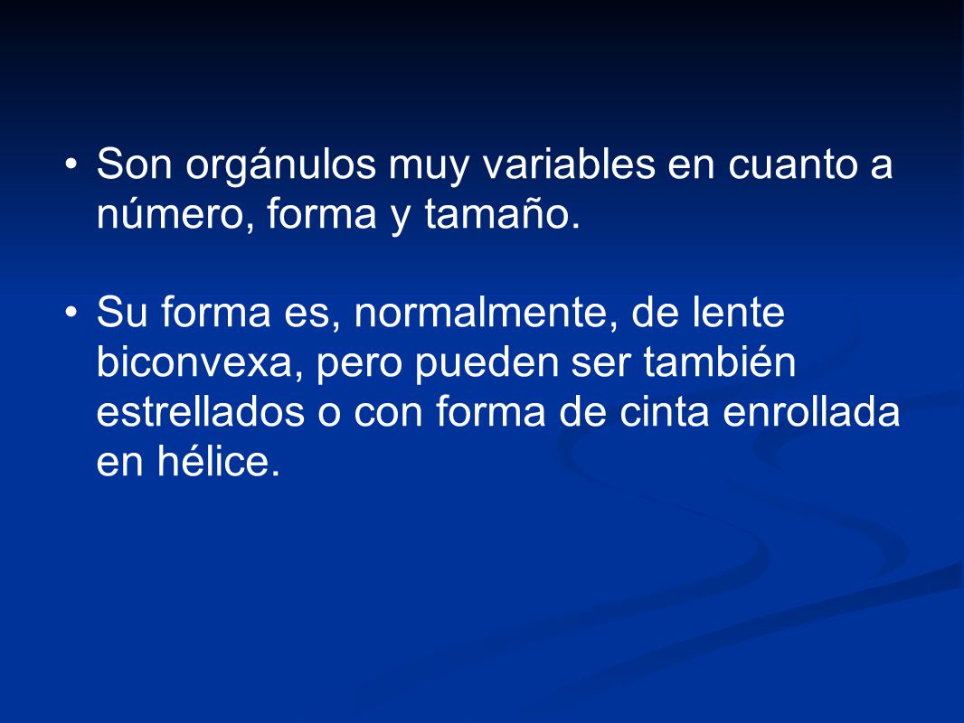 Son orgánulos muy variables en cuanto a número, forma y tamaño.