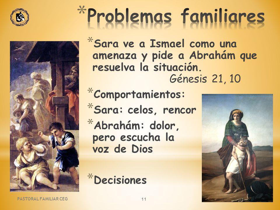 Problemas familiares Sara ve a Ismael como una amenaza y pide a Abrahám que resuelva la situación. Génesis 21, 10.