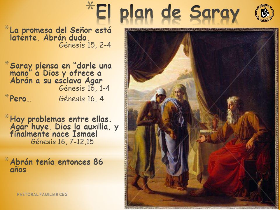El plan de Saray La promesa del Señor está latente. Abrán duda. Génesis 15, 2-4.