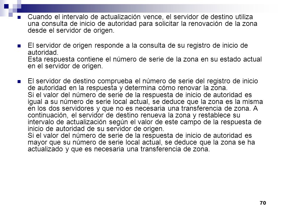 Cuando el intervalo de actualización vence, el servidor de destino utiliza una consulta de inicio de autoridad para solicitar la renovación de la zona desde el servidor de origen.