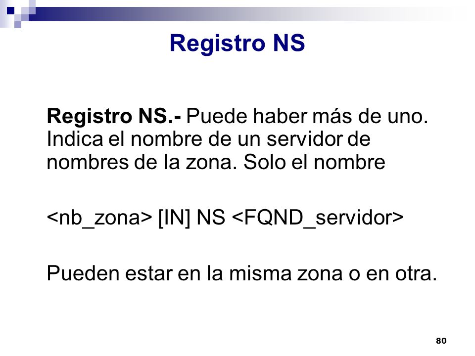 Registro NS Registro NS.- Puede haber más de uno. Indica el nombre de un servidor de nombres de la zona. Solo el nombre.