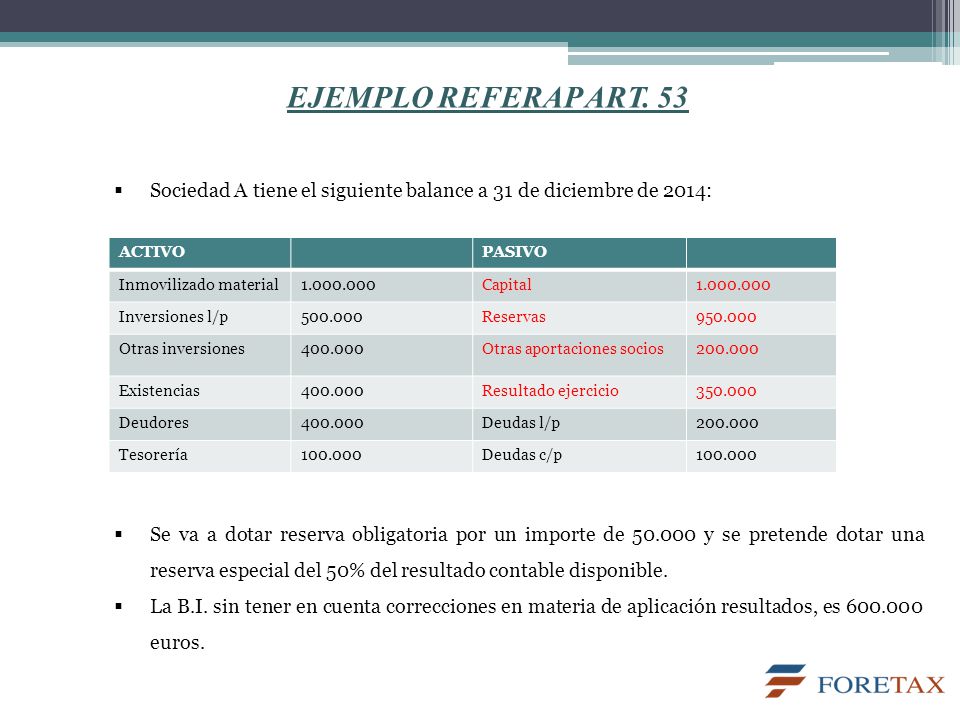 EJEMPLO REFERAP ART. 53 Sociedad A tiene el siguiente balance a 31 de diciembre de 2014: