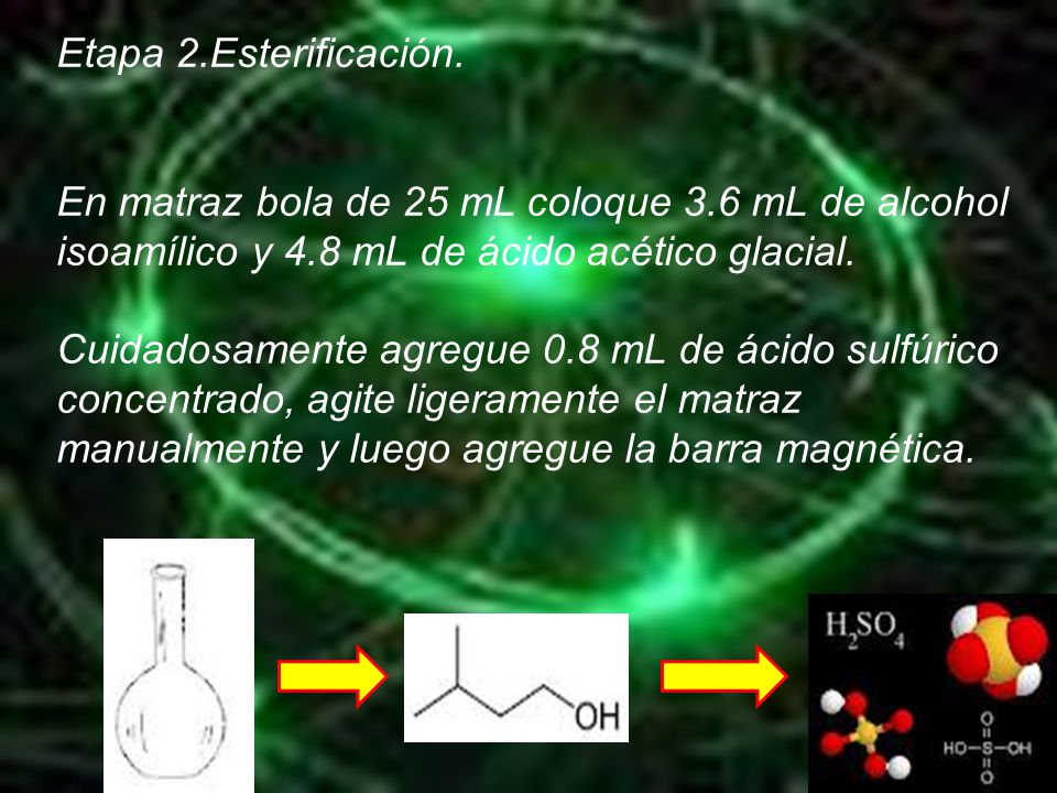 Etapa 2.Esterificación. En matraz bola de 25 mL coloque 3.6 mL de alcohol isoamílico y 4.8 mL de ácido acético glacial.