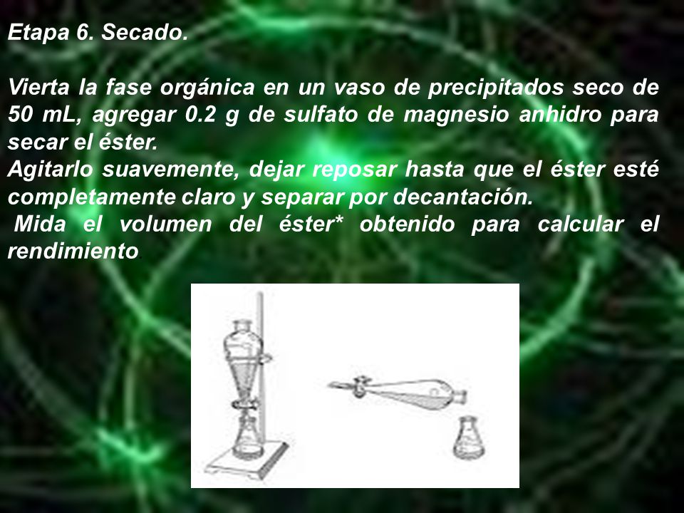 Etapa 6. Secado. Vierta la fase orgánica en un vaso de precipitados seco de 50 mL, agregar 0.2 g de sulfato de magnesio anhidro para secar el éster.