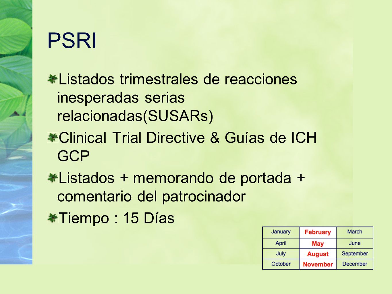 PSRI Listados trimestrales de reacciones inesperadas serias relacionadas(SUSARs) Clinical Trial Directive & Guías de ICH GCP.