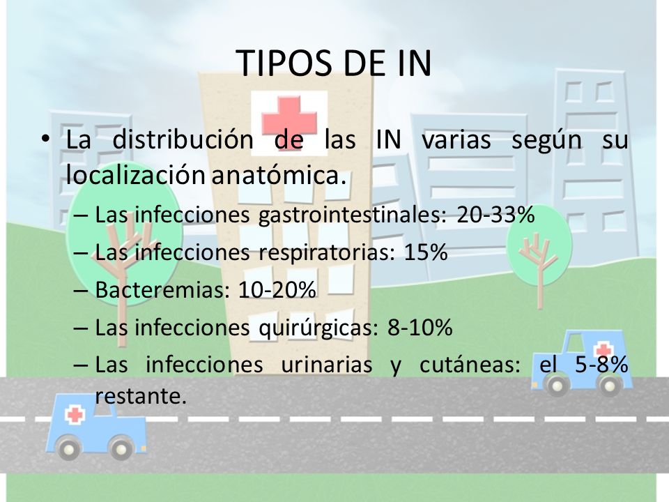 TIPOS DE IN La distribución de las IN varias según su localización anatómica. Las infecciones gastrointestinales: 20-33%