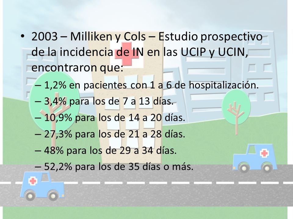 2003 – Milliken y Cols – Estudio prospectivo de la incidencia de IN en las UCIP y UCIN, encontraron que:
