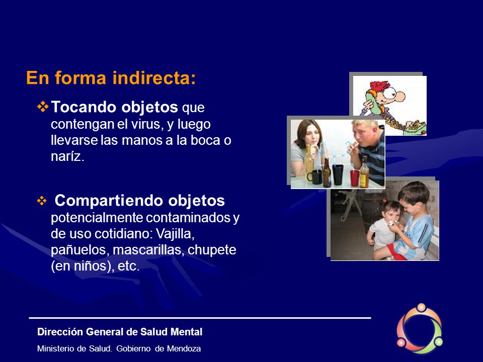 En forma indirecta: Tocando objetos que contengan el virus, y luego llevarse las manos a la boca o naríz.