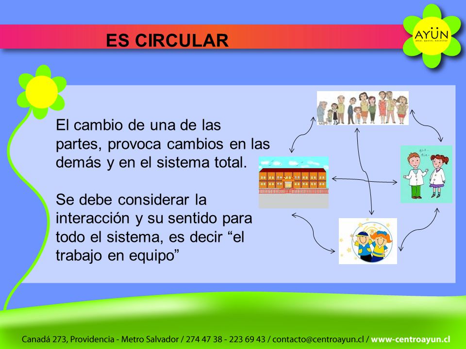 ES CIRCULAR El cambio de una de las partes, provoca cambios en las demás y en el sistema total.