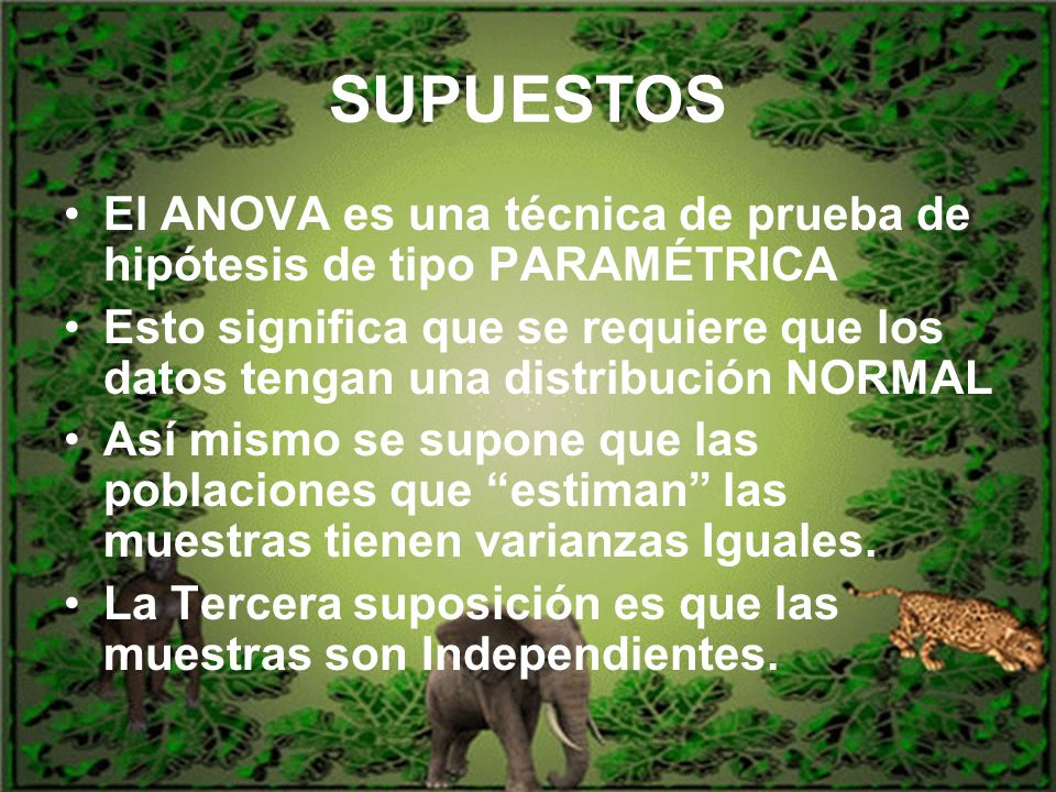SUPUESTOS El ANOVA es una técnica de prueba de hipótesis de tipo PARAMÉTRICA.