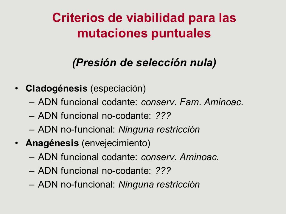 Criterios de viabilidad para las mutaciones puntuales (Presión de selección nula)