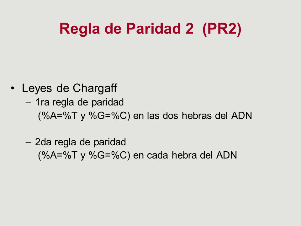 Regla de Paridad 2 (PR2) Leyes de Chargaff 1ra regla de paridad