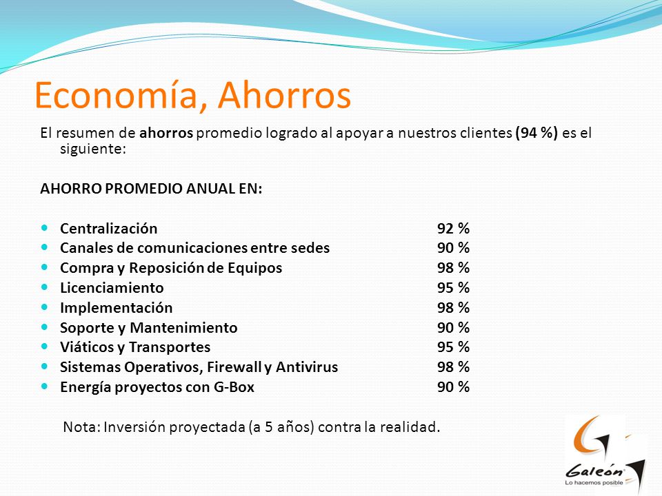 Economía, Ahorros El resumen de ahorros promedio logrado al apoyar a nuestros clientes (94 %) es el siguiente: