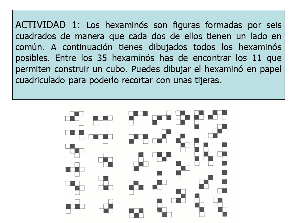 ACTIVIDAD 1: Los hexaminós son figuras formadas por seis cuadrados de manera que cada dos de ellos tienen un lado en común.