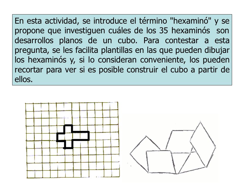 En esta actividad, se introduce el término hexaminó y se propone que investiguen cuáles de los 35 hexaminós son desarrollos planos de un cubo.