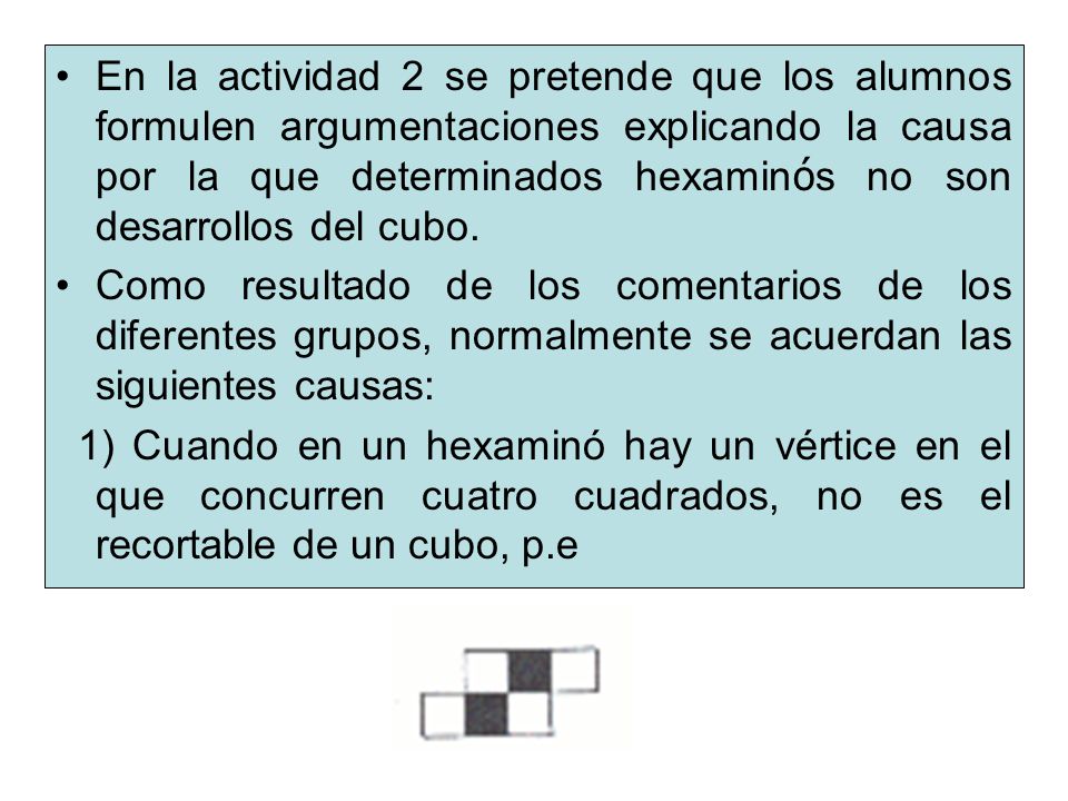En la actividad 2 se pretende que los alumnos formulen argumentaciones explicando la causa por la que determinados hexaminós no son desarrollos del cubo.