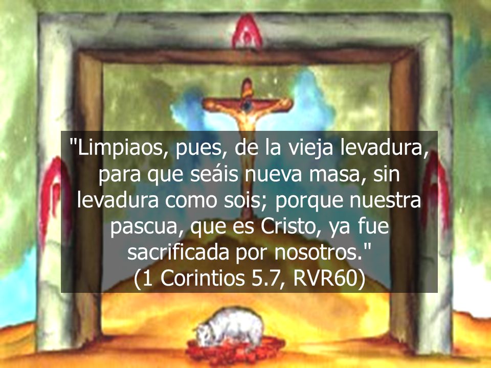 Limpiaos, pues, de la vieja levadura, para que seáis nueva masa, sin levadura como sois; porque nuestra pascua, que es Cristo, ya fue sacrificada por nosotros.