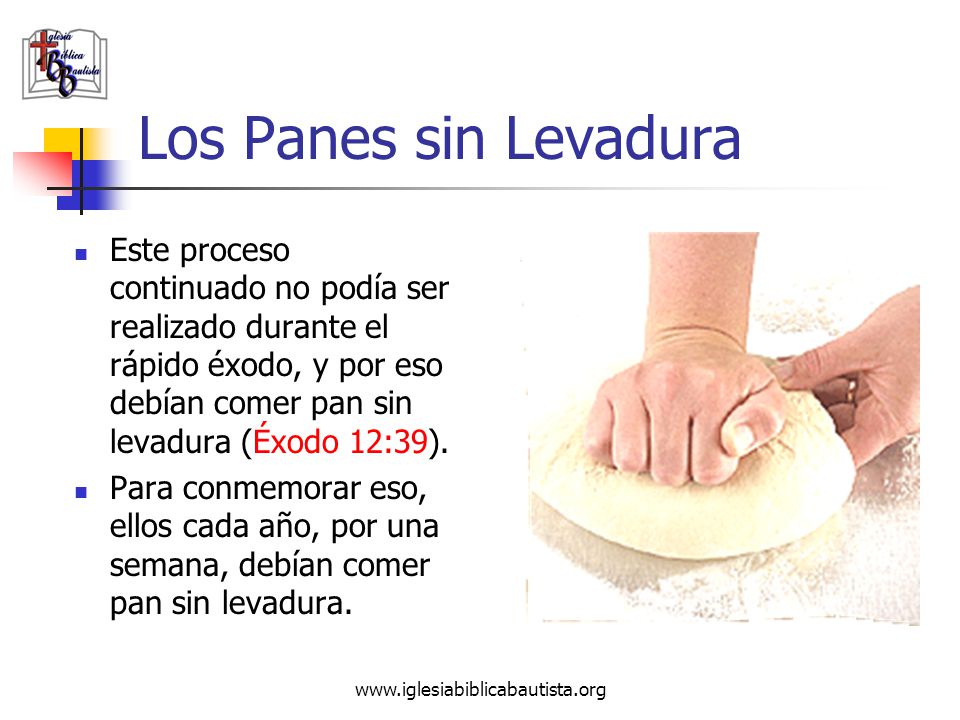 Los Panes sin Levadura Este proceso continuado no podía ser realizado durante el rápido éxodo, y por eso debían comer pan sin levadura (Éxodo 12:39).