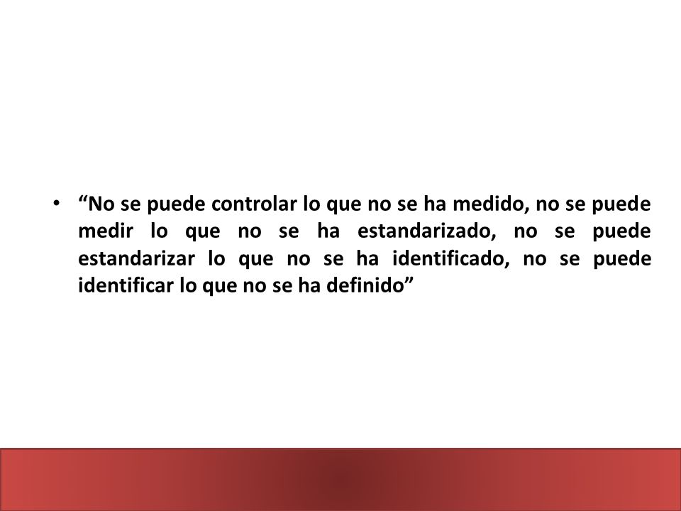 No se puede controlar lo que no se ha medido, no se puede medir lo que no se ha estandarizado, no se puede estandarizar lo que no se ha identificado, no se puede identificar lo que no se ha definido