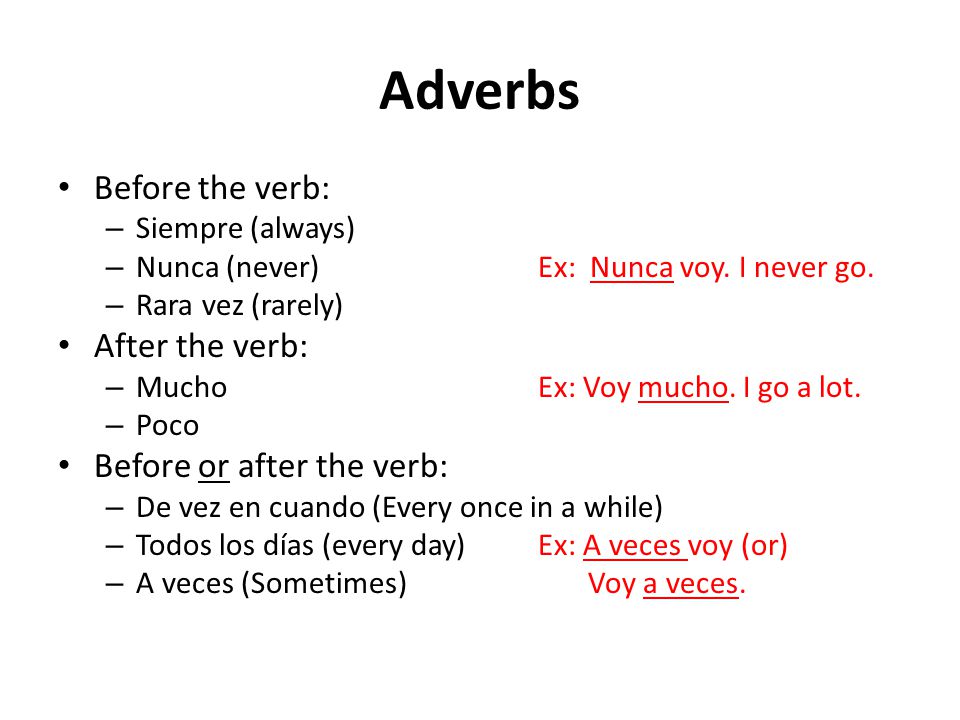 Adverbs Before the verb: After the verb: Before or after the verb: