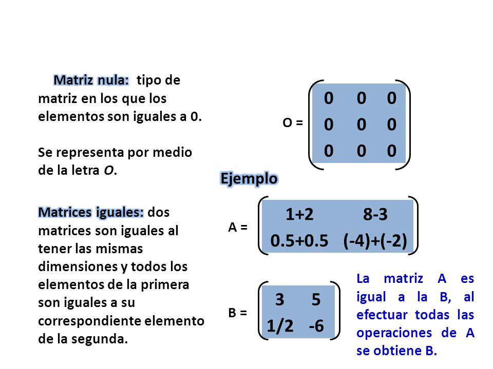 Matriz nula: tipo de matriz en los que los elementos son iguales a 0. Se representa por medio de la letra O.