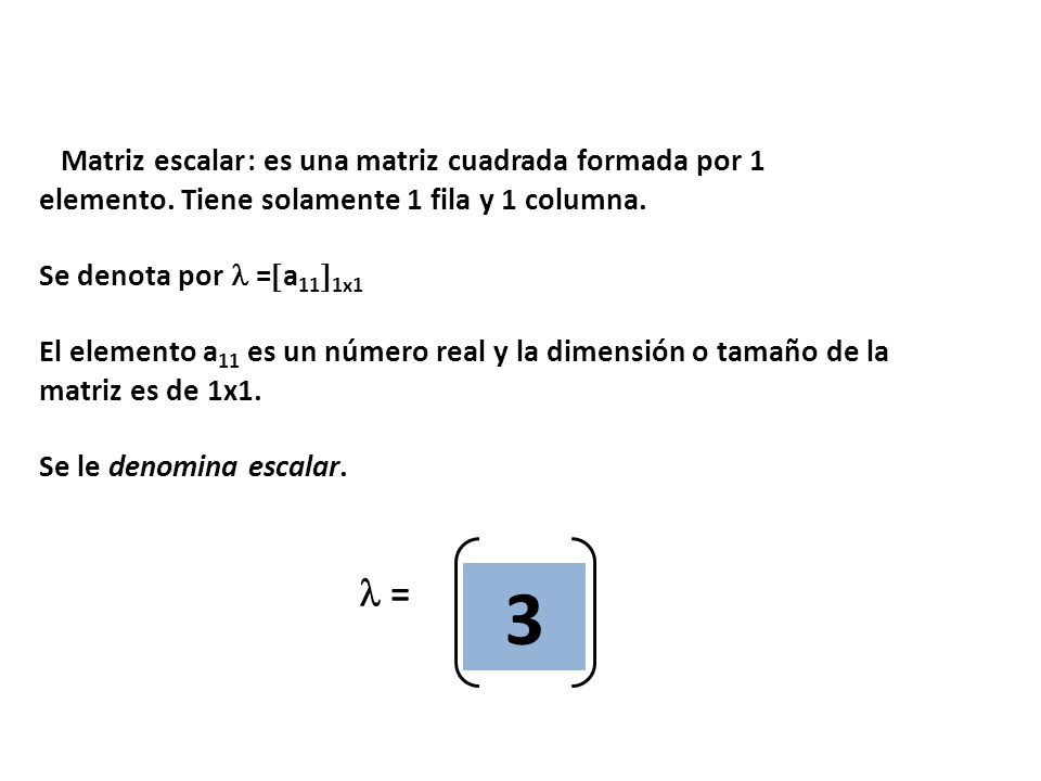 Matriz escalar : es una matriz cuadrada formada por 1 elemento. Tiene solamente 1 fila y 1 columna.
