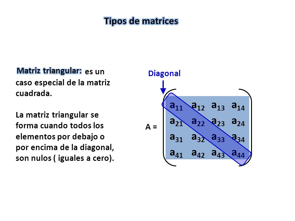 Tipos de matrices Matriz triangular: es un caso especial de la matriz cuadrada.