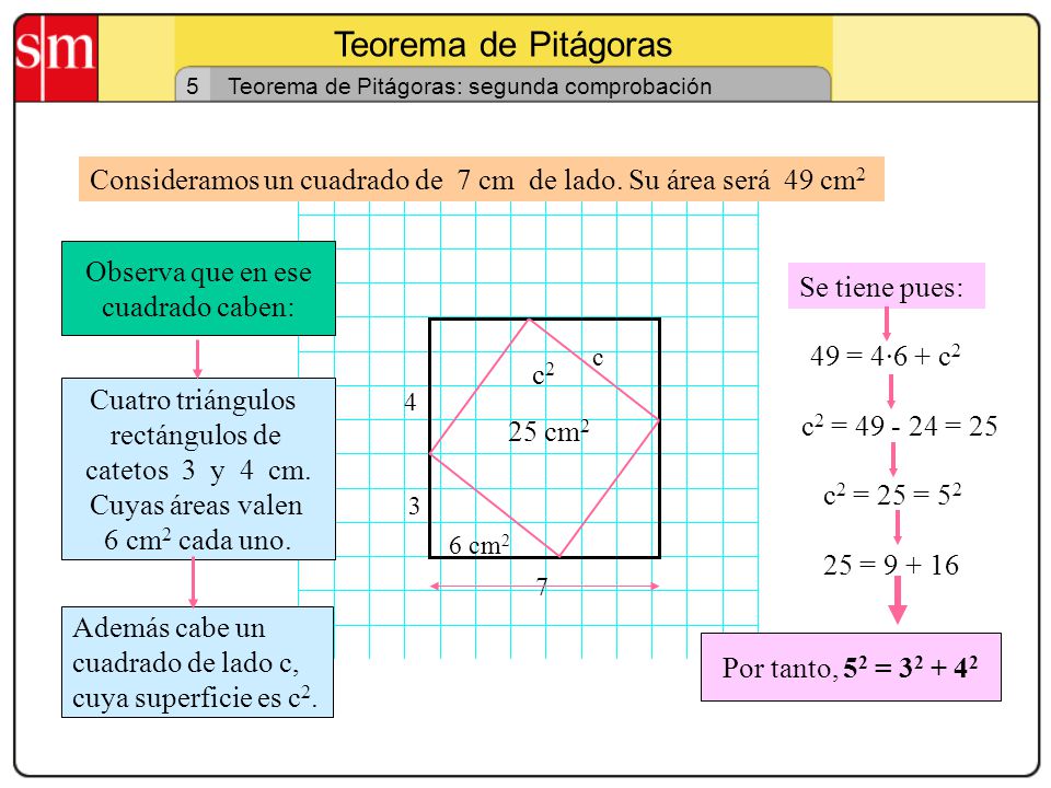 Teorema de Pitágoras 5. Teorema de Pitágoras: segunda comprobación. Consideramos un cuadrado de 7 cm de lado. Su área será 49 cm2.