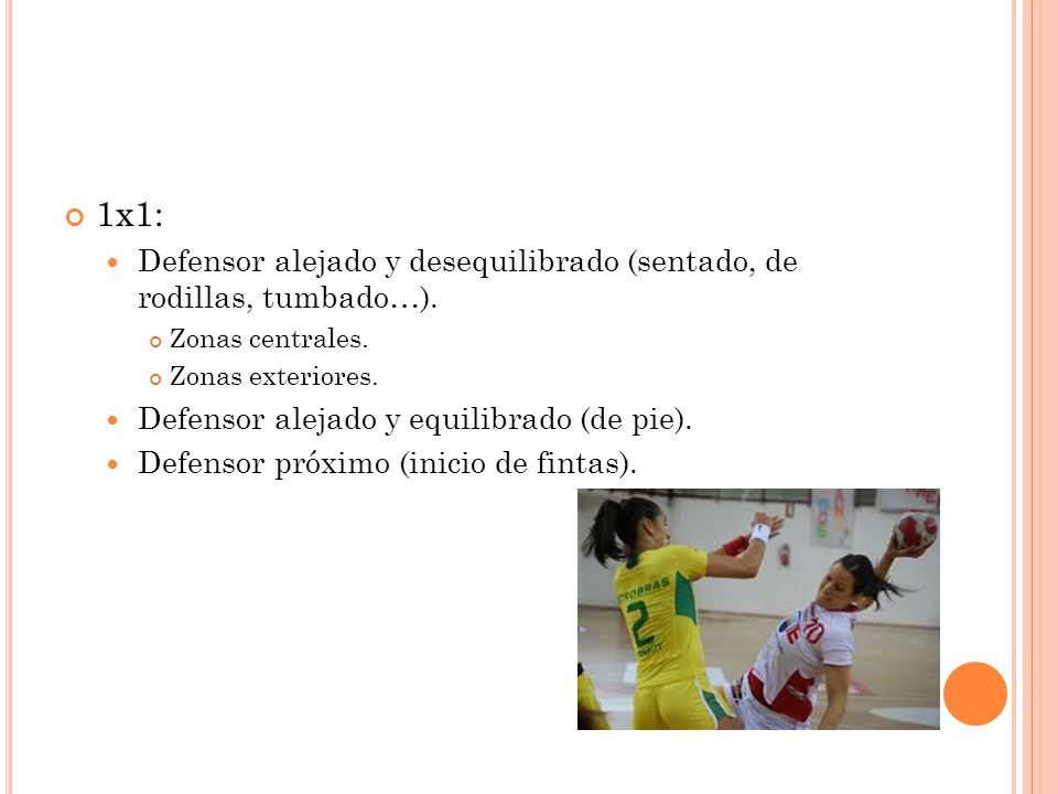 1x1: Defensor alejado y desequilibrado (sentado, de rodillas, tumbado…). Zonas centrales. Zonas exteriores.