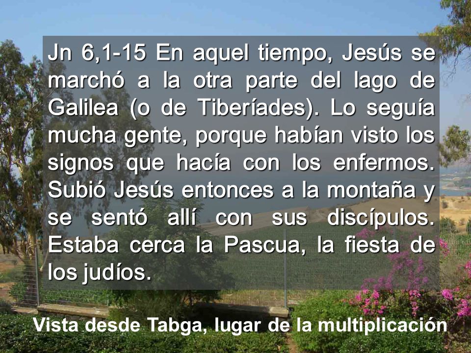 Jn 6,1-15 En aquel tiempo, Jesús se marchó a la otra parte del lago de Galilea (o de Tiberíades). Lo seguía mucha gente, porque habían visto los signos que hacía con los enfermos. Subió Jesús entonces a la montaña y se sentó allí con sus discípulos. Estaba cerca la Pascua, la fiesta de los judíos.